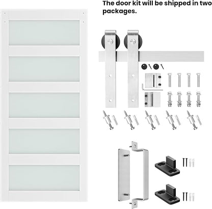 42'' x 84'' Glass Barn Door and 7FT Brushed Nickel Hardware Kit | MDF White Barn Door Slab with Frosted Glass, PVC Surface, Combined with Handle and Floor Guide-Assembly Required