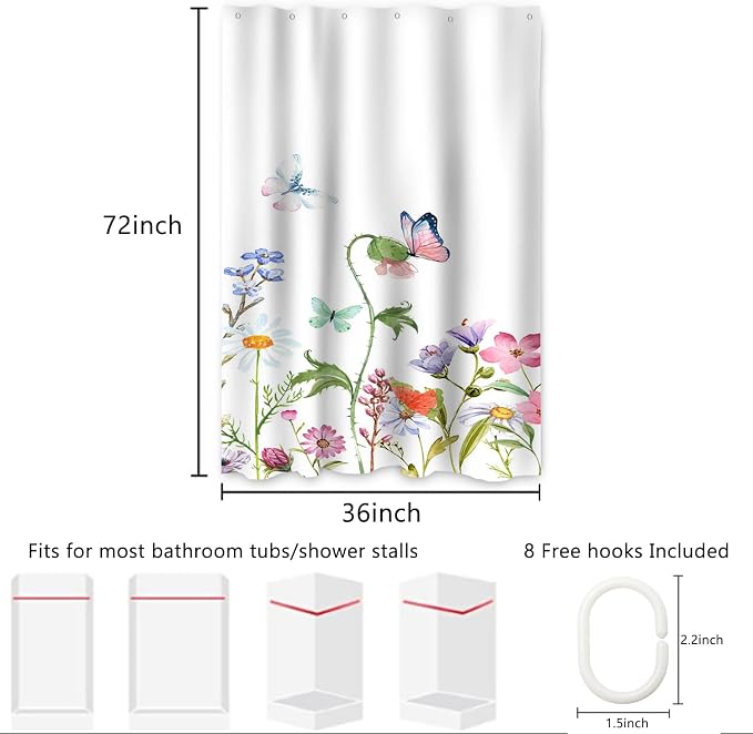 AWERT Butterfly Wildflowers Small Half Size Stall Shower Curtain with Hooks Shower Stall Curtain for Bathroom/RV and Camper 48 x 72