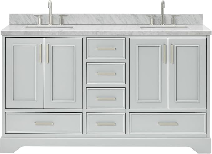 ARIEL Stafford 60-inch Bathroom Vanity with Sink,Solid Wood, 1.5-inch Italian Carrara Marble Countertop, Double Rectangular Porcelain Sink, 4 Soft Closing Doors, 6 Dovetail Drawers, Grey
