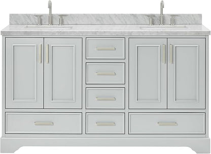 ARIEL Stafford 60-inch Bathroom Vanity with Sink,Solid Wood, 1.5-inch Italian Carrara Marble Countertop, Double Rectangular Porcelain Sink, 4 Soft Closing Doors, 6 Dovetail Drawers, Grey