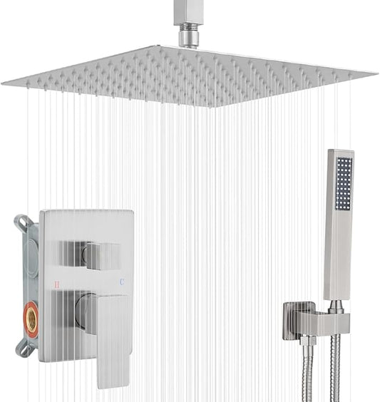 16 Inch Ceiling Mount Brushed Nickel Shower System Bathroom Luxury Rain Mixer Shower Combo Set Ceiling Rainfall Shower Head System (Contain Shower Faucet Rough-in Valve Body and Trim Kit)