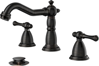 FORIOUS Bathroom Sink Faucet 3 Holes, 2 Handle Widespread Faucet for Bathroom Sink with Pop-Up Drain and Water Supplies for Commercial Vanity Lavatory Restroom Farmhouse (Oil Rubbed Bronze)