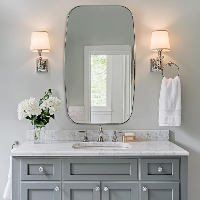 Brushed Nickel Bathroom Mirror, Large 24x36’’ Brushed Nickel Metal Framed Oblong Wall Mirror, Modern Nickel Oval Vanity Mirror