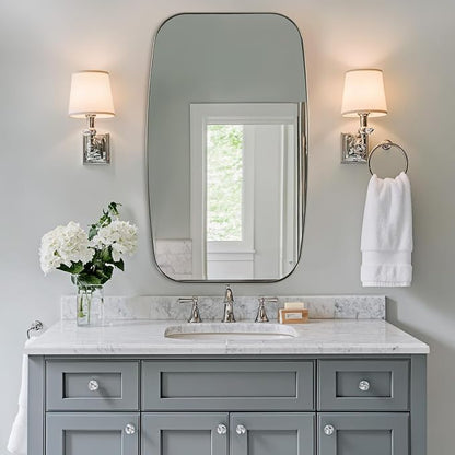Brushed Nickel Bathroom Mirror, Large 24x36’’ Brushed Nickel Metal Framed Oblong Wall Mirror, Modern Nickel Oval Vanity Mirror