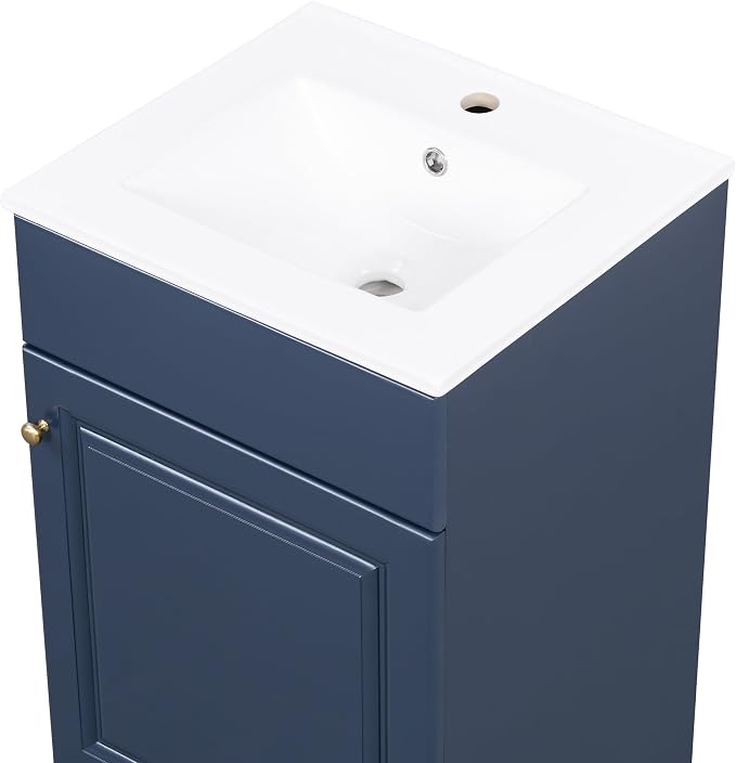 Christopher Knight Home Vanes Wood Frame 20" Bathroom Vanity with Ceramic Sink, Cabinet with Soft-Closing Door Shelf and Adjustable Shelf, Open Back, Metal Hardware, Storage/Organizer, Blue