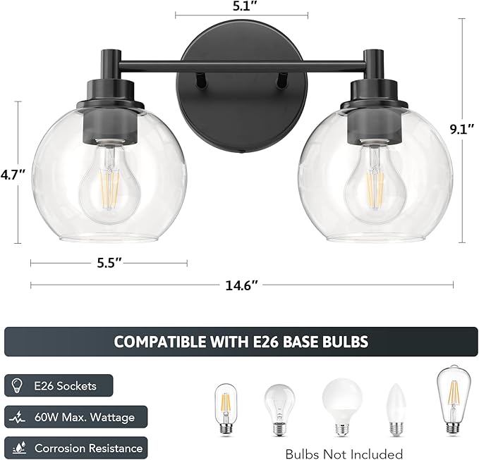 VONLUCE 2 Light Bathroom Vanity Light Fixtures, Black Finish | Globe Glass Shades, E26 Sockets, Easy to install, Vanity Lights for Bedroom Hallway Living Room