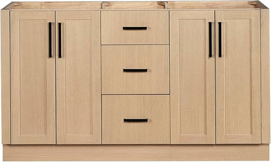 ARIEL Loren 60-inch Bathroom Vanity Base Cabinet,Solid Wood, 4 Soft Closing Doors, 3 Dovetail Drawers, Natural Oak