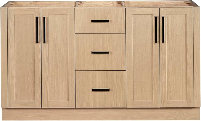 ARIEL Loren 60-inch Bathroom Vanity Base Cabinet,Solid Wood, 4 Soft Closing Doors, 3 Dovetail Drawers, Natural Oak