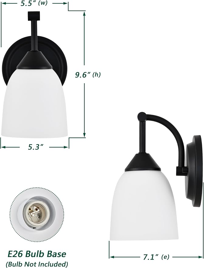 Traditional 1-Light Indoor Black Wall Sconce with Frosted Glass Bathroom Bedroom Hallway, 9.6" H x 5.5" W, Textured Black
