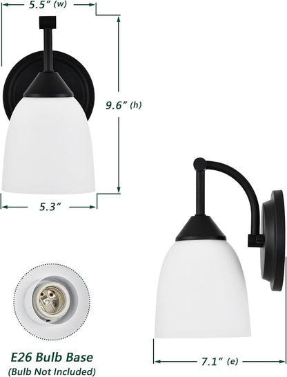 Traditional 1-Light Indoor Black Wall Sconce with Frosted Glass Bathroom Bedroom Hallway, 9.6" H x 5.5" W, Textured Black
