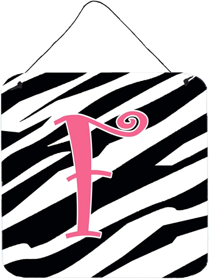 Caroline's Treasures CJ1037-FDS66 Letter F Initial Zebra Stripe and Pink Wall or Door Hanging Prints Aluminum Metal Sign Kitchen Wall Bar Bathroom Plaque Home Decor, 6x6, Multicolor