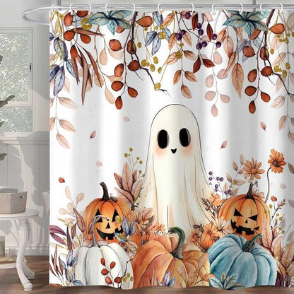 Fall Funny Ghost Shower Curtain, Halloween Pumpkins Harvest Autumn Leaves Decor Bath Curtain, Maple Leaves Spooky Bathroom Accessories Set with Hooks, 72X84in