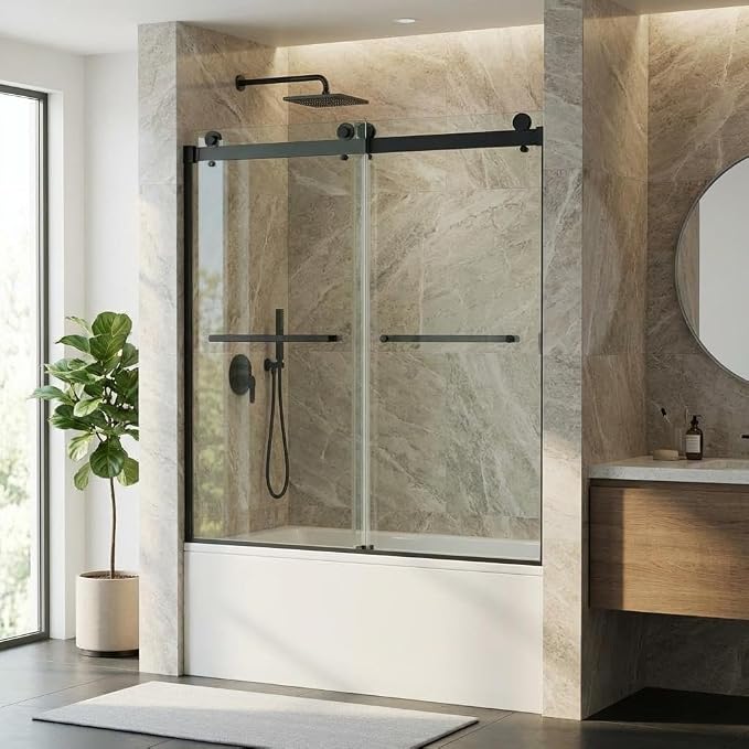 60" x 59" Dual Sliding Bathtub Door, 1/4" (6mm) Tempered Glass with Brushed Nickel Finish, Stainless Steel Square Track, Bypass Tub Shower Door for Bathroom Remodel, Matte Black