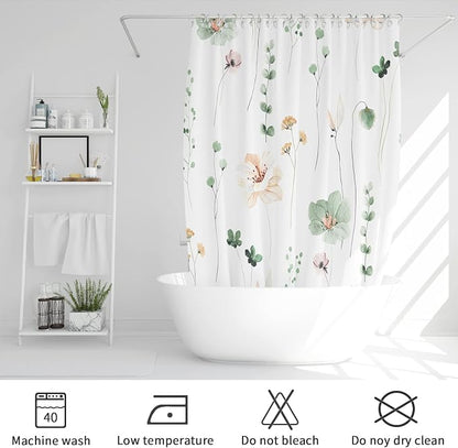 Sage Green Beige Watercolor Floral Fabric Shower Curtain, 72x84 | Waterproof Fabric, Modern Minimalist Floral Print, Machine Washable, Rustproof Grommets, for Bathroom Home, Extra Long