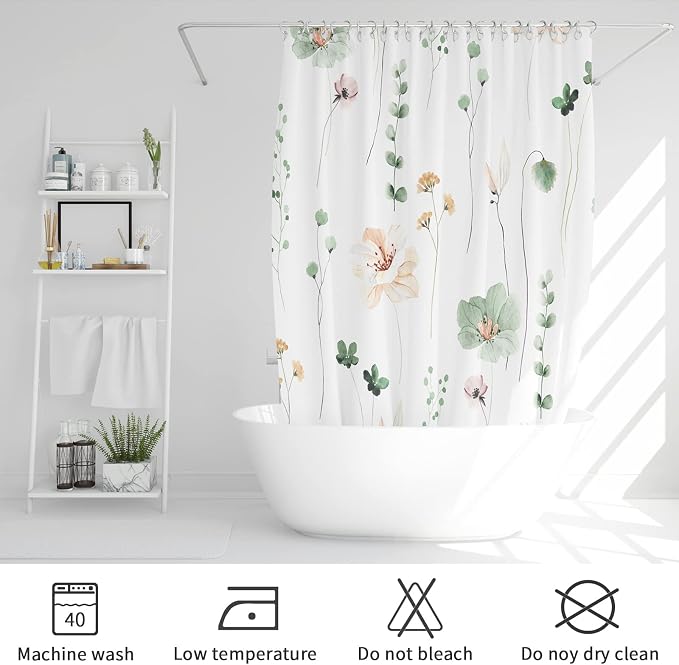 Sage Green Beige Watercolor Floral Fabric Shower Curtain, 60x72 | Waterproof Fabric, Modern Minimalist Floral Print, Machine Washable, Rustproof Grommets, for Bathroom Home, Stall