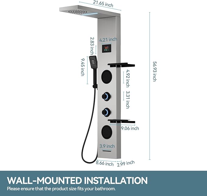 5 in 1 Brushed Nickel Shower Panel Tower System With Storage Shelf, 304 Stainless Steel Shower Tower with Rainfall Shower Handheld and Tub Spout, Powerful Body Jets, Wall-Mounted Shower Set