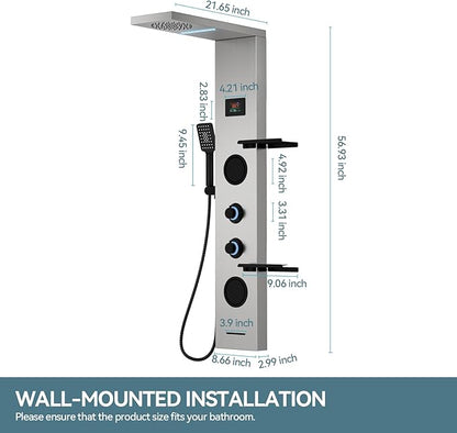 5 in 1 Brushed Nickel Shower Panel Tower System With Storage Shelf, 304 Stainless Steel Shower Tower with Rainfall Shower Handheld and Tub Spout, Powerful Body Jets, Wall-Mounted Shower Set