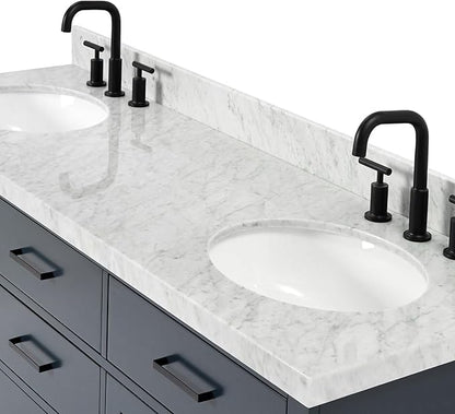 ARIEL Hepburn 66-inch Bathroom Vanity with Sink,Solid Wood, 1.5-inch Italian Carrara Marble Countertop, Double Oval Porcelain Sink, 4 Soft Closing Doors, 6 Dovetail Drawers, Midnight Blue