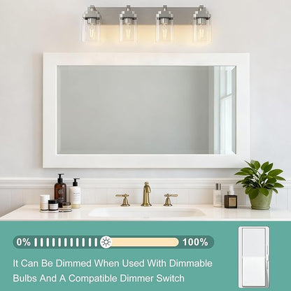Brushed Nickel Bathroom Light Fixtures, 4 Lights Bathroom Lighting Fixtures Over Mirror, Square Design & Rectangle Large Backplate, Modern Vanity Lighting Fixtures, for Living Room/Bedroom