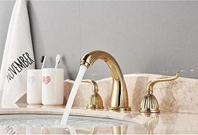 Basin Faucet Deck Mounted Bathroom Mixer Crane Dual Handle 3 Hole Cold and Hot Washing Tap-Antique Brass,Gold(Gold)