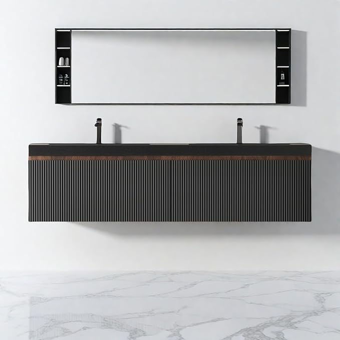 Wall Mounted Bathroom Sink Vanity, Modern 60" Floating Vanity with 2 Resin Top Basins and 2 U-Shaped Soft-Close Storage Drawers, Striped Bathroom Storage Cabinet with Invisible Handle, Black