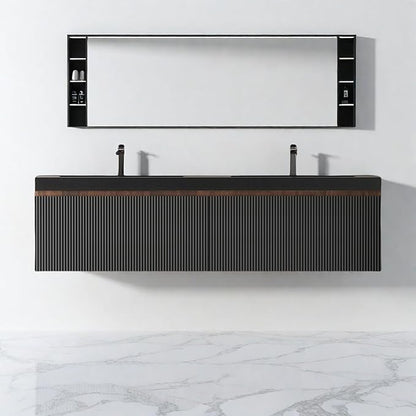 Wall Mounted Bathroom Sink Vanity, Modern 60" Floating Vanity with 2 Resin Top Basins and 2 U-Shaped Soft-Close Storage Drawers, Striped Bathroom Storage Cabinet with Invisible Handle, Black