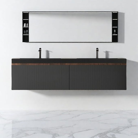 Wall Mounted Bathroom Sink Vanity, Modern 60" Floating Vanity with 2 Resin Top Basins and 2 U-Shaped Soft-Close Storage Drawers, Striped Bathroom Storage Cabinet with Invisible Handle, Black