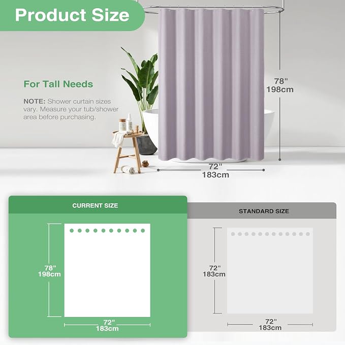 Long Waffle Shower Curtain 256 GSM Heavy Fabric 72x78 Lavender | 78 Inch Long, Thick Cloth, Weighted Hem, Water Repellent, Tall Hotel Luxury Polyester Shower Curtains for Bathroom 12 Hooks