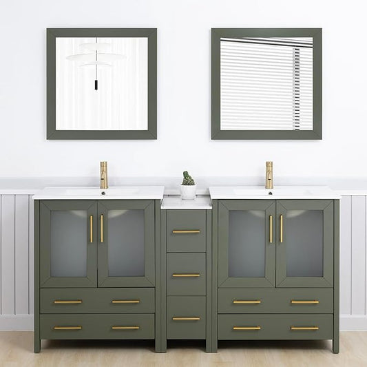 Vanity Art 72 Inch Under Mount Double Sink Bathroom Vanity Cabinet with 2 Mirrors, Ceramic Top Bathroom Cabinet Compact Set with 7 Dovetail Storage Drawers and Golden Brushed Handles, VA3030-72-VG