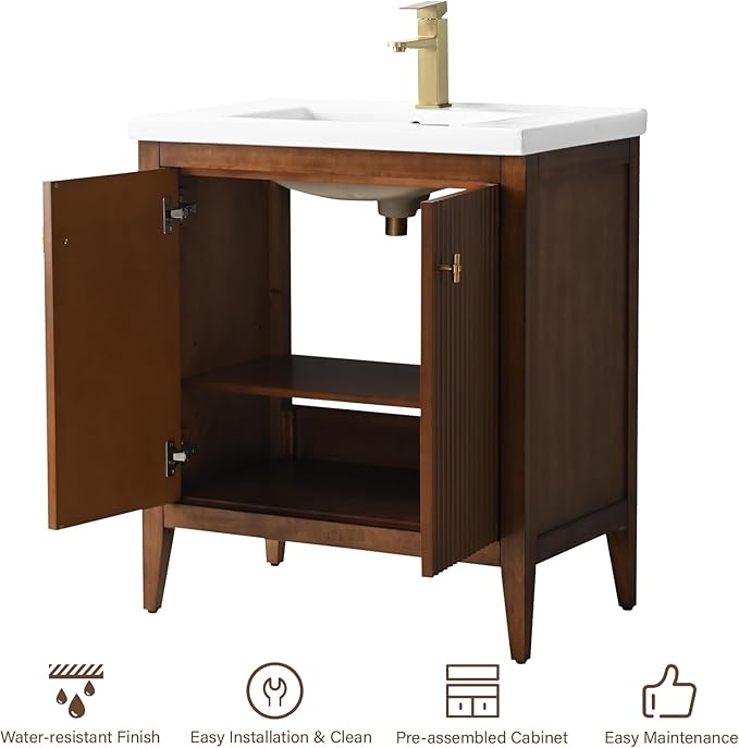 HOMEBEYOND 30" Bathroom Vanity with Ceramic Sink, Solid Wood Free-Standing Vanities Cabinet, Ceramic Top, Golden Brushed Handware & Soft Closing Door, Walnut
