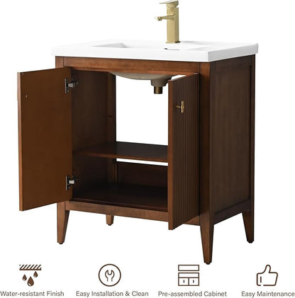 HOMEBEYOND 30" Bathroom Vanity with Ceramic Sink, Solid Wood Free-Standing Vanities Cabinet, Ceramic Top, Golden Brushed Handware & Soft Closing Door, Walnut