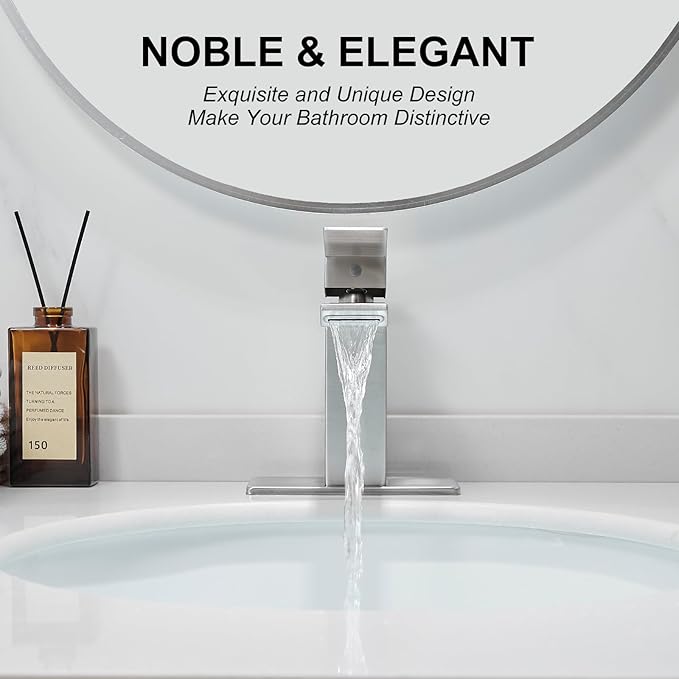 RUMOSE Brushed Nickel Bathroom Faucets Set with Pop Up Drain Single Handle Bathroom Sink Faucet 1 & 3 Hole Waterfall Spout Vanity Faucet Kit with Deck Plate RV Lavatory Basin Faucet, Stainless Steel