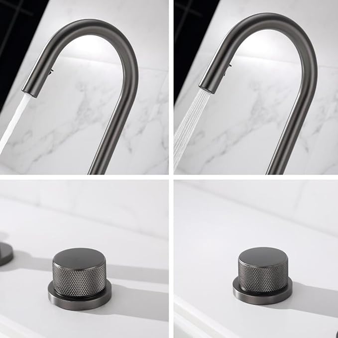 3 Hole Basin Mixer Faucet Pull Brass 3 Hole Bathroom Faucets Dual Mode 2 Handles-Grey