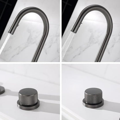 3 Hole Basin Mixer Faucet Pull Brass 3 Hole Bathroom Faucets Dual Mode 2 Handles-Grey