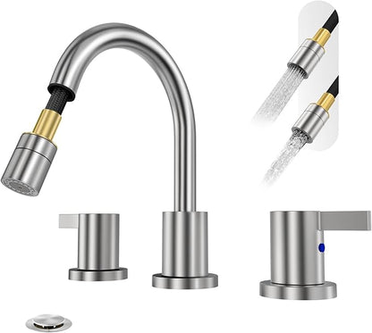 Pull Down Sprayer Brushed Nickel Widespread Bathroom Sink Faucet, 8 Inch 2 Handles 3 Hole Pull Out Bathroom Faucet,with Pop Up Drain and Water Supply Line,BF04022-K01-GBN
