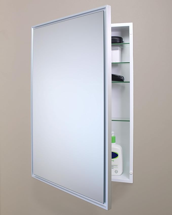 Fox Hollow Furnishings 20x30 Parker Metro Metal Framed Rectangle Recessed Bathroom Medicine Cabinet, Floating Mirror, 14x24 in-Wall Opening, Adjustable Glass Shelves, Magnet Close, Brushed Nickel