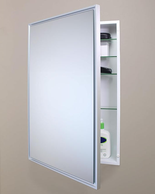 Fox Hollow Furnishings 20x30 Parker Metro Metal Framed Rectangle Recessed Bathroom Medicine Cabinet, Floating Mirror, 14x24 in-Wall Opening, Adjustable Glass Shelves, Magnet Close, Brushed Nickel