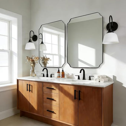 32x40 Black Scalloped Bathroom Vanity Mirror | Rust-Proof Stainless Steel Frame, Scalloped Notched Corner, Mount Vertically or Horizontally, Ideal for Bathroom, Powder Room