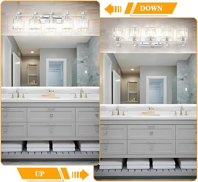 5 Light Bathroom Vanity Light, Modern Crystal Bathroom Ligth Fixture, Chrome Vanity Lights, Light Fixtures Above Mirror, Wall Lamp for Mirror Living Room Cabinet Bedroom Porch
