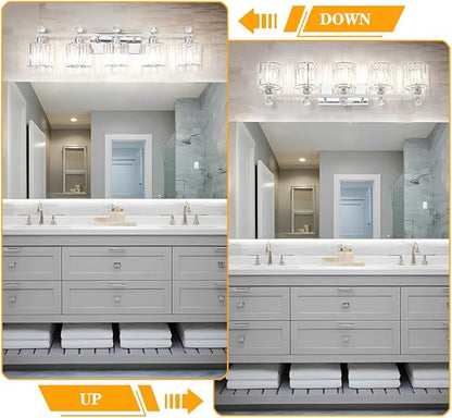 5 Light Bathroom Vanity Light, Modern Crystal Bathroom Ligth Fixture, Chrome Vanity Lights, Light Fixtures Above Mirror, Wall Lamp for Mirror Living Room Cabinet Bedroom Porch