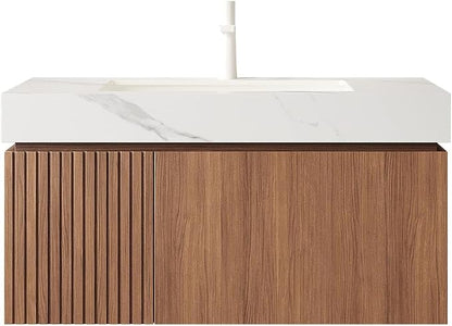 KEIKI 36 Inch Floating Bathroom Vanity with Sink, Brown Oak & White | Modern Wall Mounted Storage Cabinet w/ Drawer & Door, Pre-assembled Wood Panels, Sintered Stone Top & Ceramic Basin Combo Set