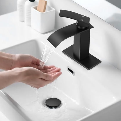 Matte Black Bathroom Faucets, Waterfall Bathroom Sink Faucet Modern Single Handle Bathroom Faucte 1 or 3 Hole, RV Mixer Tap Vanity Faucet - Includes Supply Hoses Deck Plate