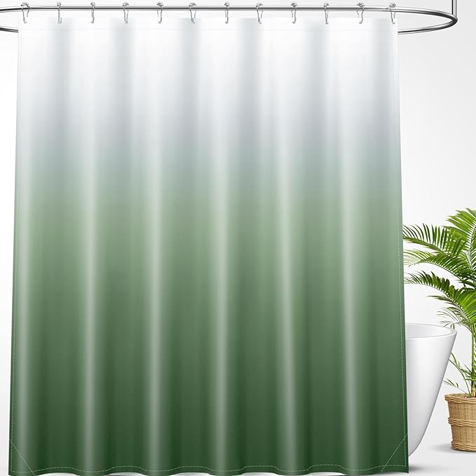 OLANLY Luxury Sage Green and White Ombre Shower Curtain Sets with 12 Hooks, Waterproof and Washable Decorative Shower Curtains for Bathroom, 72x72 Inches