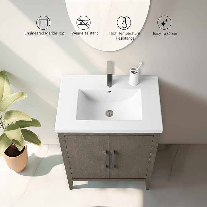 Vanity Art 24 inch Bathroom Vanity with Single Sink & Ceramic Top, Vanity Cabinet with Soft-Closing Doors, Solid Wood Frame, Driftwood Gray, VA9024-DG-GB1