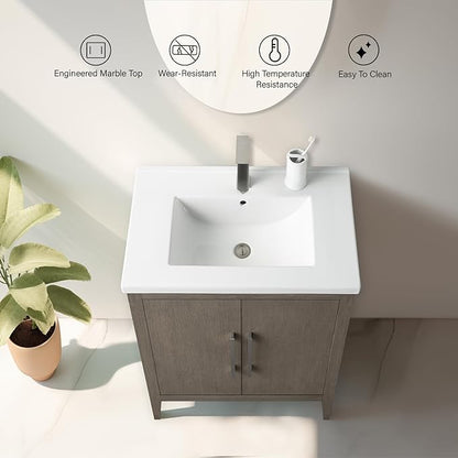 Vanity Art 24 inch Bathroom Vanity with Single Sink & Ceramic Top, Vanity Cabinet with Soft-Closing Doors, Solid Wood Frame, Driftwood Gray, VA9024-DG-GB1