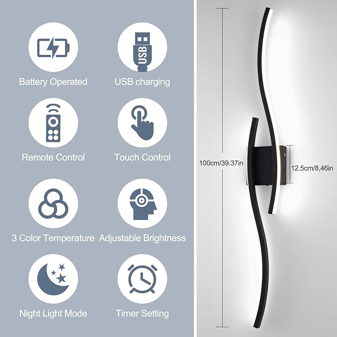 Modern LED Wall Sconce Set of Two, Dimmable Battery Powered Wall Sconces, 3000K-6500K Wireless Wall Light, Rechargeable Wall Lamp Indoor not Hardwired for Room Bedroom Corridor, 39.3in(Black)