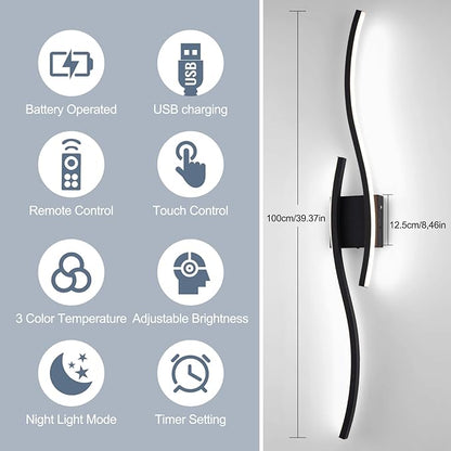 Modern LED Wall Sconce Set of Two, Dimmable Battery Powered Wall Sconces, 3000K-6500K Wireless Wall Light, Rechargeable Wall Lamp Indoor not Hardwired for Room Bedroom Corridor, 39.3in(Black)