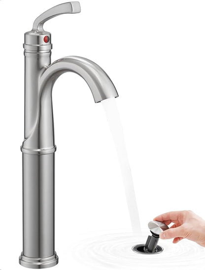 Brass Vessel Faucet Brushed Nickel, 1 Hole Tall Faucet for Bathroom Sink with Single Handle, Pop Up Drain & cUPC Water Hoses, Classic Aerator Style for Vessel Sink, 5 Mins Quick Installation