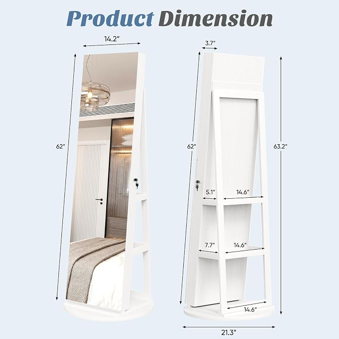 DUMOS 6 LEDs Standing Jewelry Armoire Cabinet, Full Length Mirror, Lockable | 360° Swivel, Jewelry Organizer and Storage, Build-in Mirror, Foldable Makeup Tray, Additional Storage Shelf, White