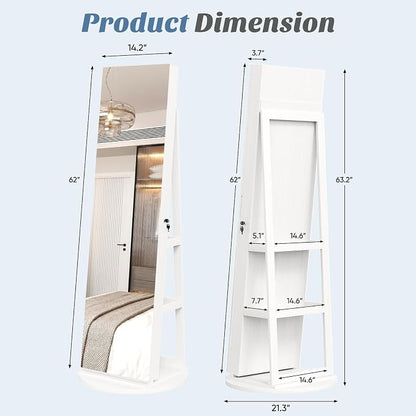 DUMOS 6 LEDs Standing Jewelry Armoire Cabinet, Full Length Mirror, Lockable | 360° Swivel, Jewelry Organizer and Storage, Build-in Mirror, Foldable Makeup Tray, Additional Storage Shelf, White